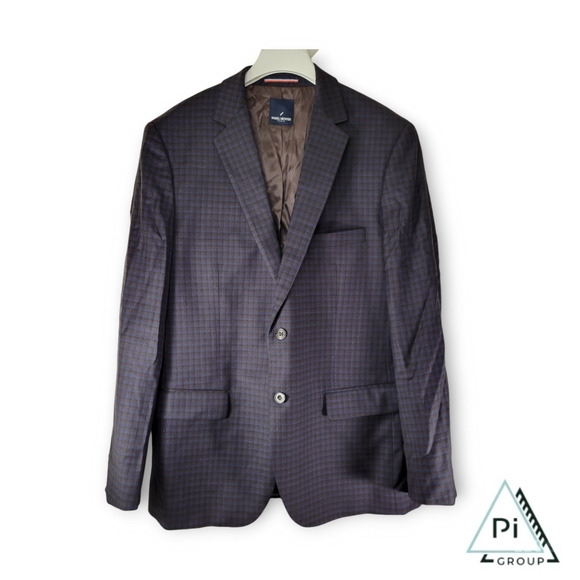 Daniel Hechter Paris 42L Wool Polyester Viscose Navy Blue Plaid Two-Button Front - Picture 1 of 12